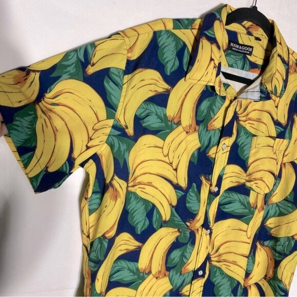 Hawagoos Yellow Green Banana Print Casual Short Sleeve Button Up Shirt L - Picture 10 of 14